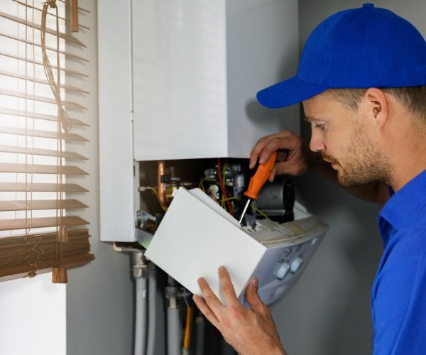Techniker wartet eine Gastherme und prüft die Bauteile